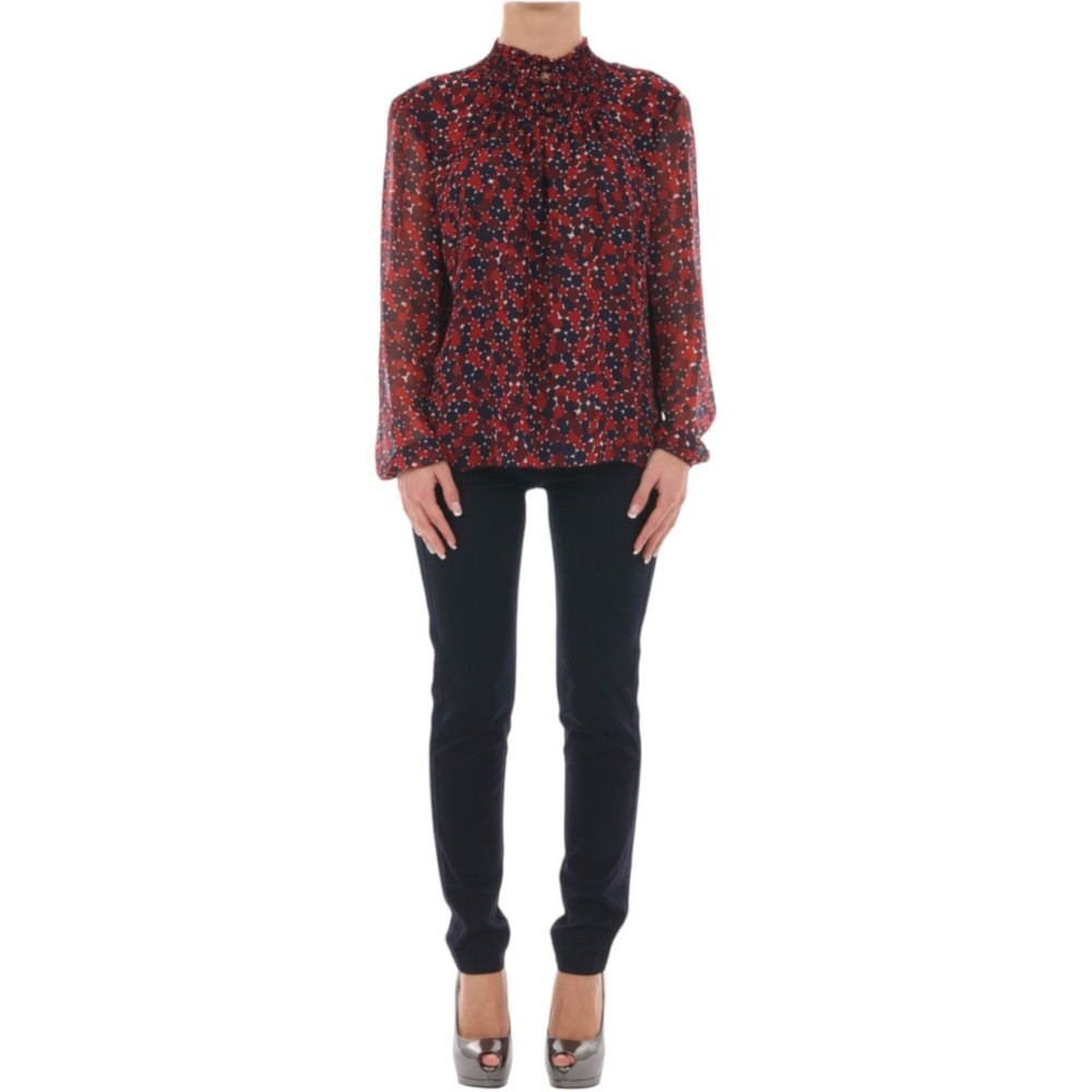 Diane Von Furstenberg Aleni SILK Smocked Long Sleeve Blouse Red Blue Geometric 2